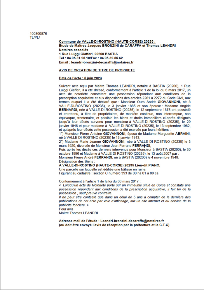 Avis de création de titre de propriété - Commune de Valle di Rustinu (Cismonte)