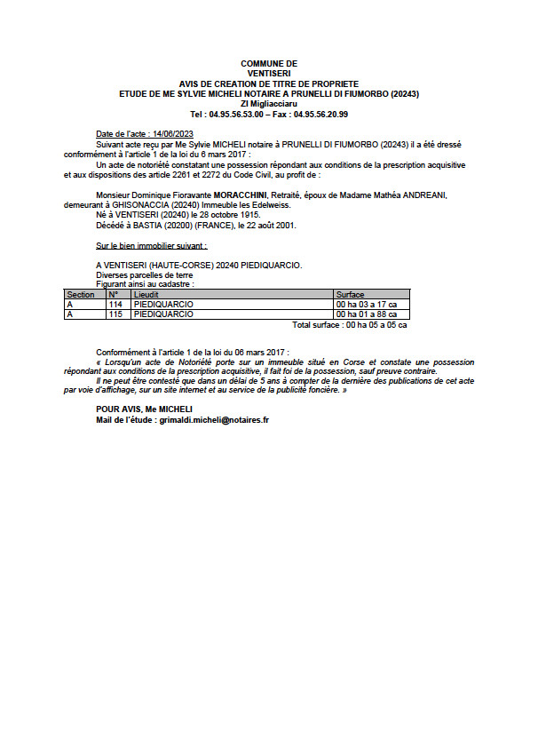 Avis de création de titre de propriété - Commune de Ventisari (Pumonti)