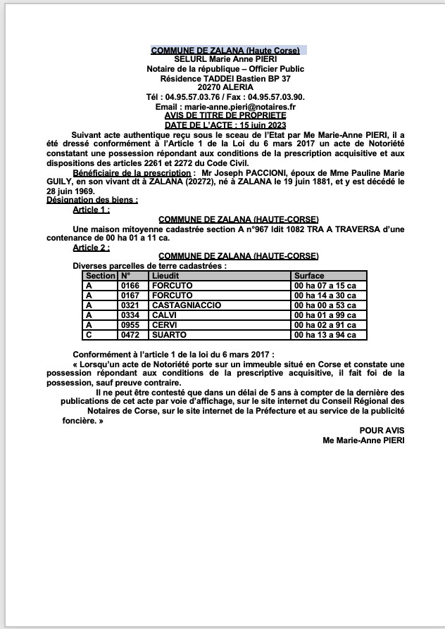 Avis de création de titre de propriété - Commune de Zalana (Cismonte)