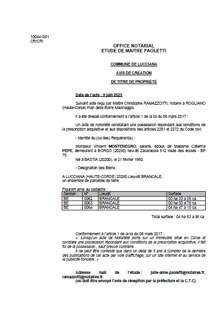  Avis de création de titre de propriété - Commune de Lucciana (Cismonte)