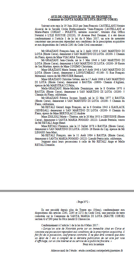 Avis de création de titre de propriété - Commune de Santa Maria di Lota (Cismonte) Avis de création de titre de propriété - Commune de Santa Maria di Lota (Cismonte)
