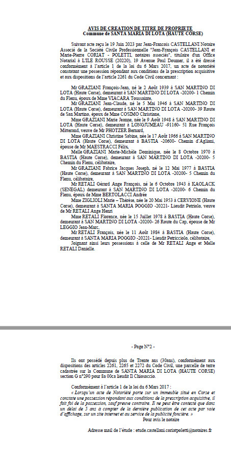 Avis de création de titre de propriété - Commune de Santa Maria di Lota (Cismonte)