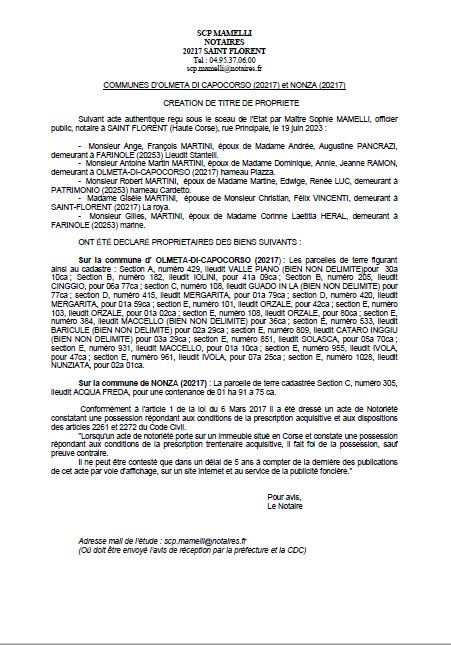 Avis de création de titre de propriété - Communes d'Olmeta di Capicorsu et Nonza (Cismonte)