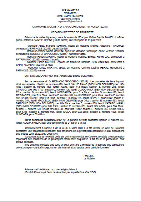 Avis de création de titre de propriété - Communes d'Olmeta di Capicorsu et Nonza (Cismonte) Avis de création de titre de propriété - Communes d'Olmeta di Capicorsu et Nonza (Cismonte)