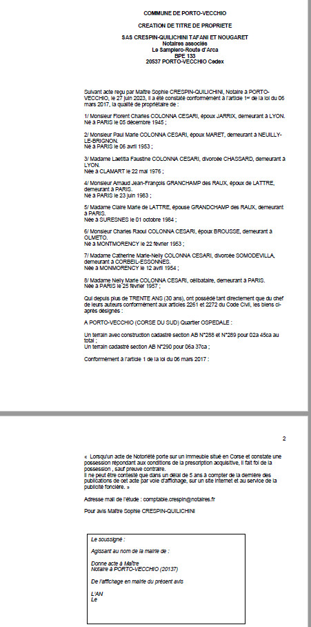 Avis de création de titre de propriété - Commune de Purtivechju (Pumonti) Avis de création de titre de propriété - Commune de Purtivechju (Pumonti)