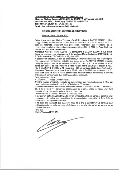 Avis de création de titre de propriété - Commune de Cagnanu (Cismonte)