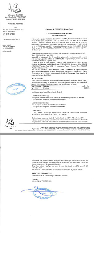 Avis de création de titre de propriété - Commune de Cervioni (Cismonte)