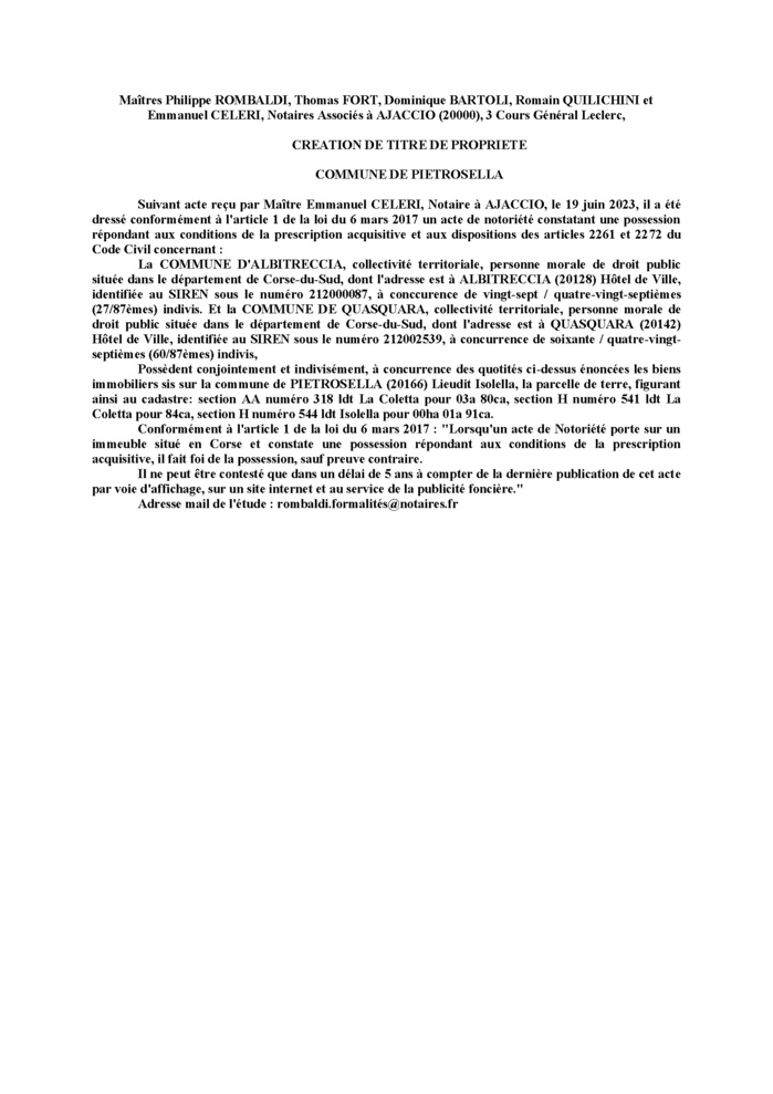 Avis de création de titre de propriété - Commune de Pitrusedda (Pumonti)
