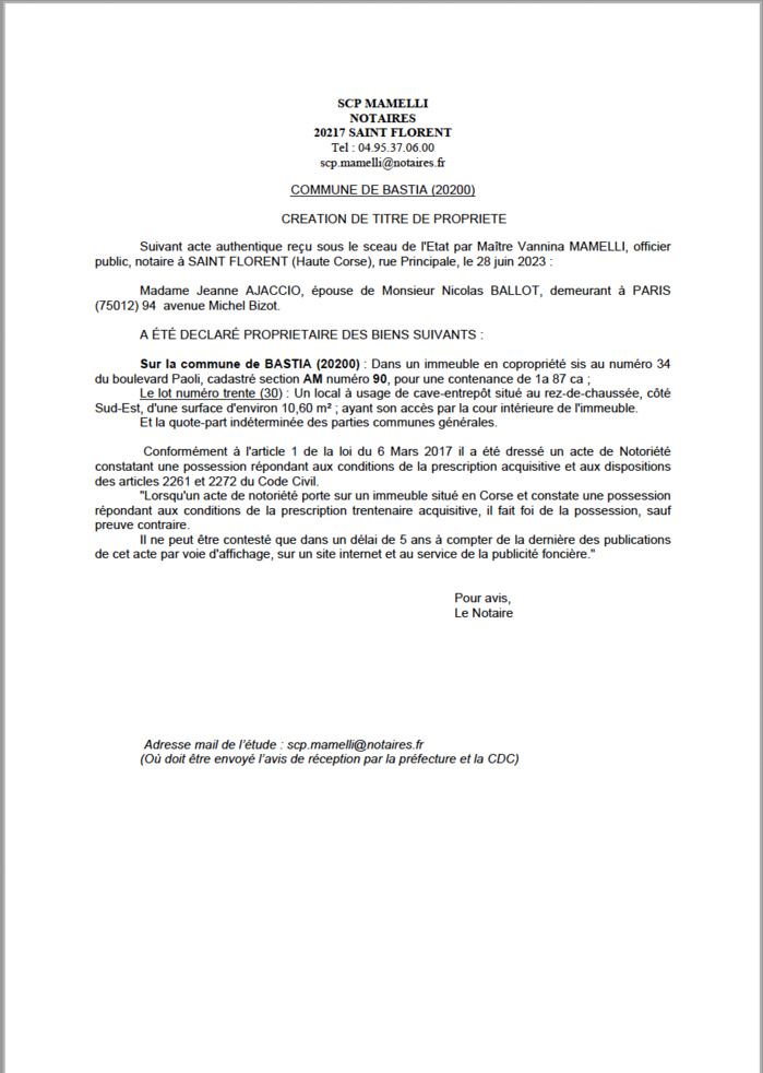 Avis de création de titre de propriété - Commune de Bastia (Cismonte) Avis de création de titre de propriété - Commune de Bastia (Cismonte)