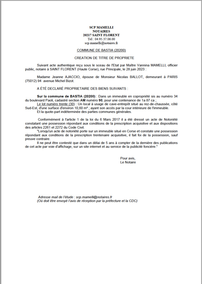 Avis de création de titre de propriété - Commune de Bastia (Cismonte)