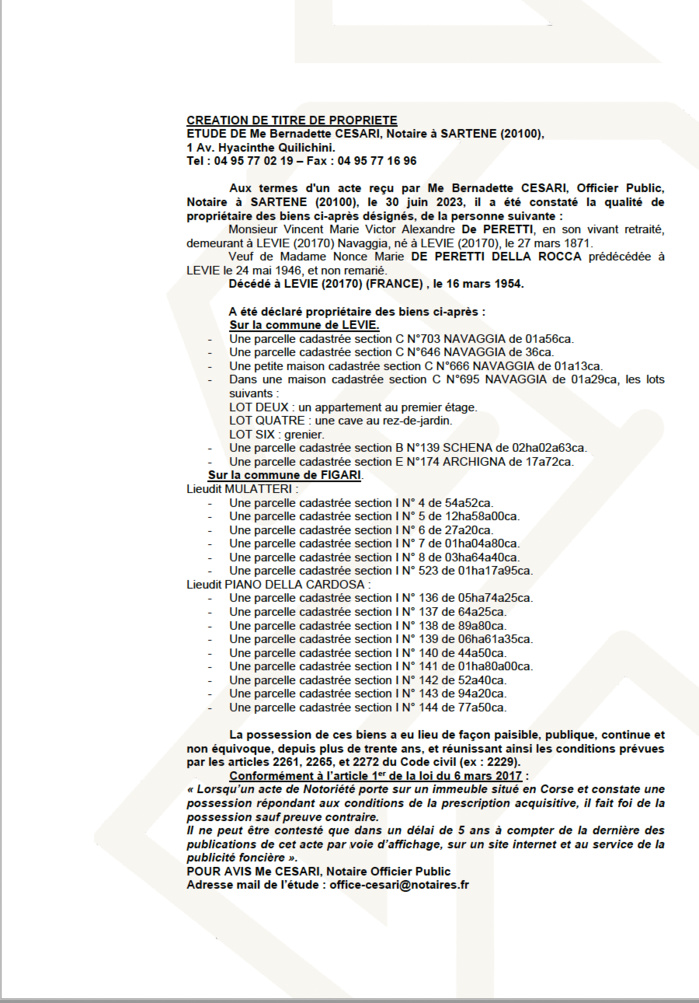 Avis de création de titre de propriété - Communes de Livia et de Figari (Pumonti)