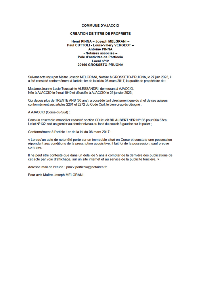 Avis de création de titre de propriété - Commune d'Aiacciu (Pumonti)