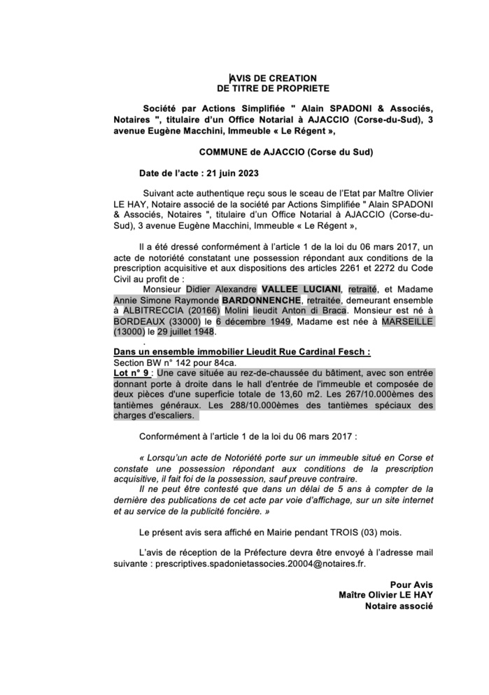 Avis de création de titre de propriété - Commune d'Aiacciu (Pumonti)