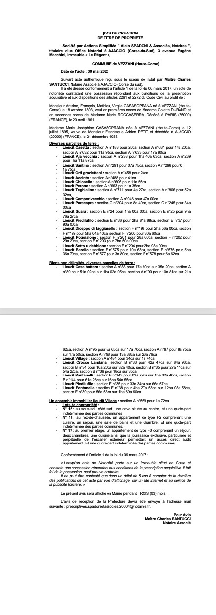 Avis de création de titre de propriété - Commune de Vizzani (Cismonte) Avis de création de titre de propriété - Commune de Vizzani (Cismonte)