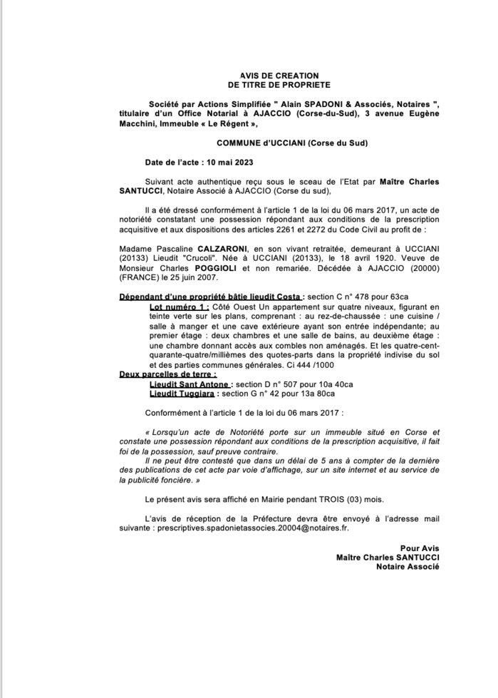 Avis de création de titre de propriété - Commune d'Aucciani (Pumonti) Avis de création de titre de propriété - Commune d'Aucciani (Pumonti)