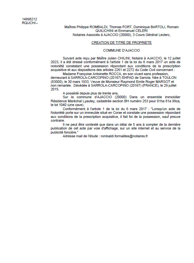 Avis de création de titre de propriété - Commune d'Aiacciu (Pumonti) Avis de création de titre de propriété - Commune d'Aiacciu (Pumonti)