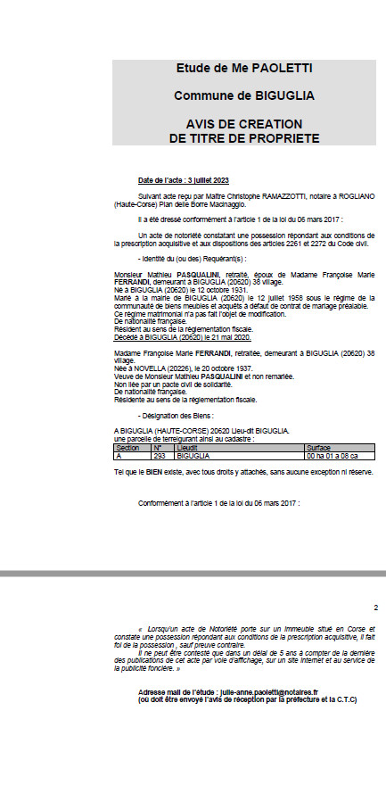 Avis de création de titre de propriété - Commune de Biguglia (Cismonte) Avis de création de titre de propriété - Commune de Biguglia (Cismonte)
