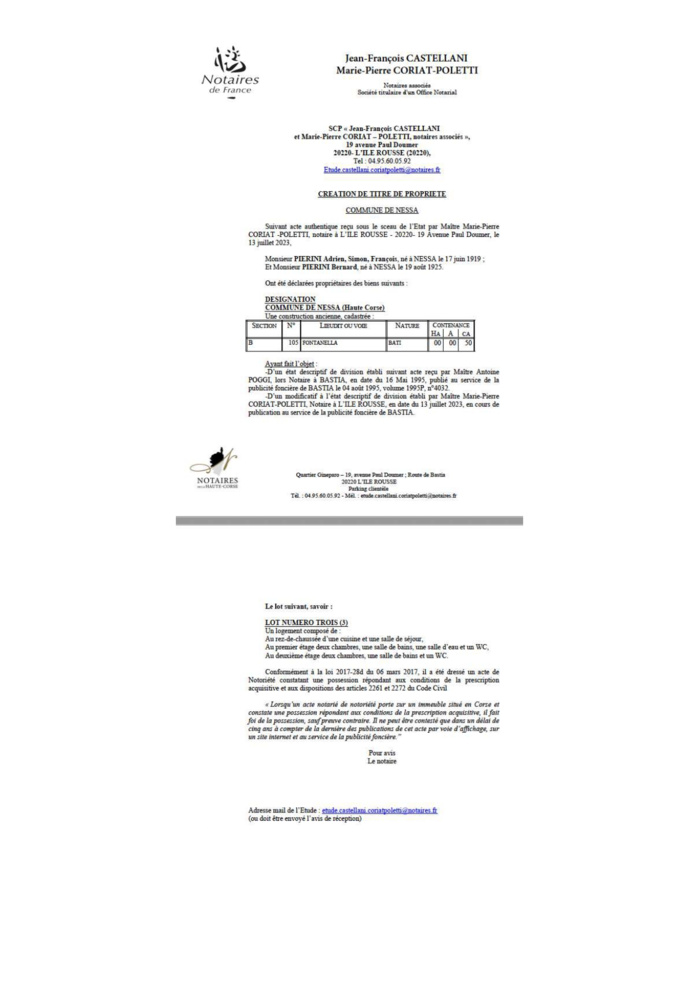 Avis de création de titre de propriété - Commune de Nesce (Cismonte)