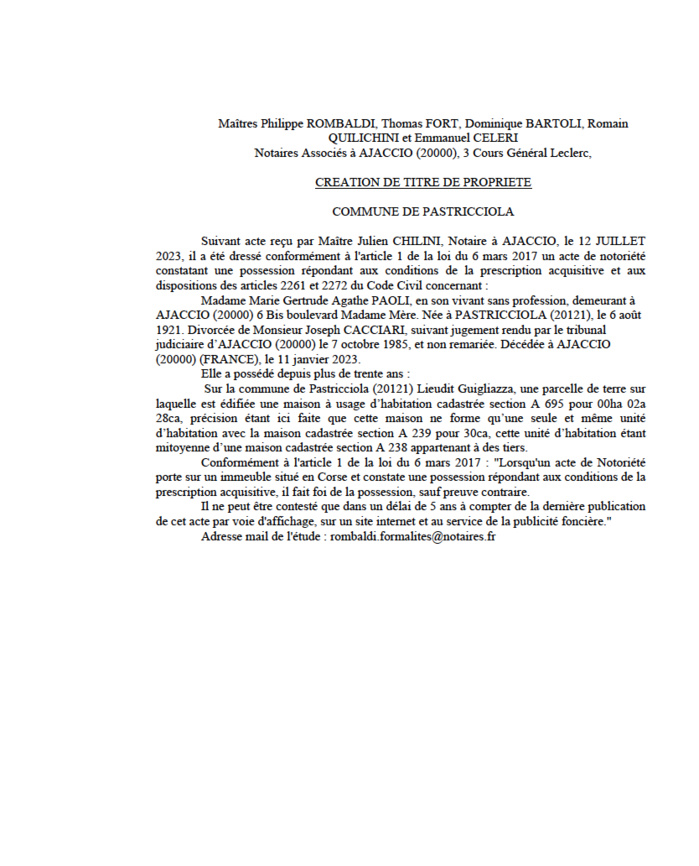 Avis de création de titre de propriété - Commune de A Pastricciola (Pumonti) Avis de création de titre de propriété - Commune de A Pastricciola (Pumonti)
