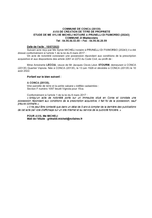 Avis de création de titre de propriété - Commune de Conca (Pumonti) Avis de création de titre de propriété - Commune de Conca (Pumonti)