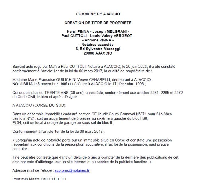 Avis de création de titre de propriété - Commune d'Aiacciu (Pumonti)