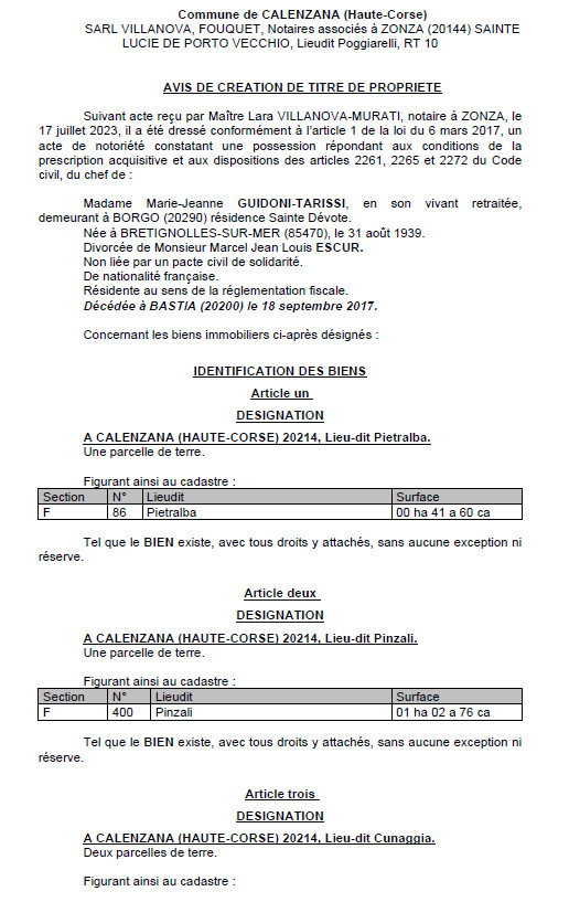 Avis de création de titre de propriété - Commune de Calenzana (Cismonte)