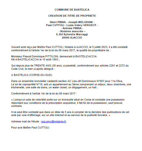 Avis de création de titre de propriété - Commune de Bastelica (Pumonti) Avis de création de titre de propriété - Commune de Bastelica (Pumonti)