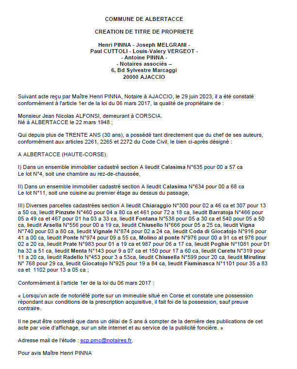 Avis de création de titre de propriété - Commune d'Albertacce (Cismonte)