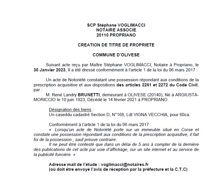 Avis de création de titre de propriété - Commune de Olivese (Pumonti)