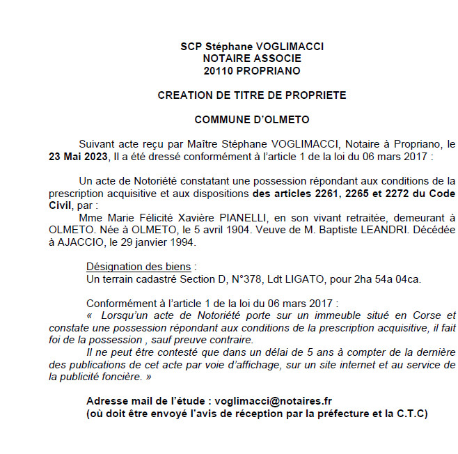 Avis de création de titre de propriété - Commune de Olmeto (Pumonti) Avis de création de titre de propriété - Commune de Olmeto (Pumonti)
