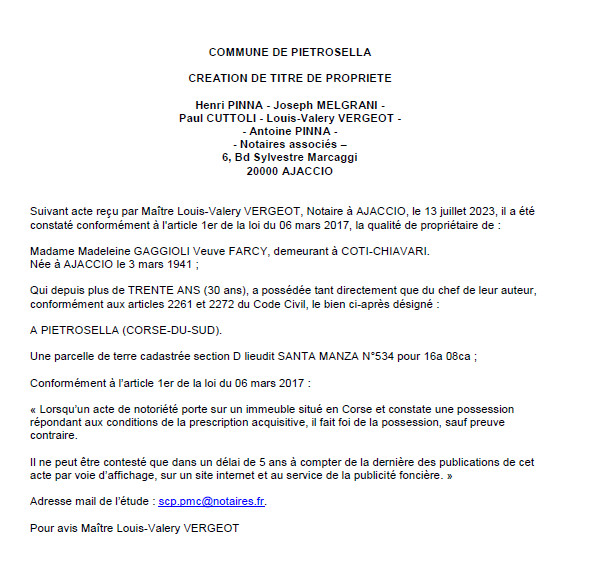 Avis de création de titre de propriété - Commune de Pietrosella (Pumonti) Avis de création de titre de propriété - Commune de Pietrosella (Pumonti)