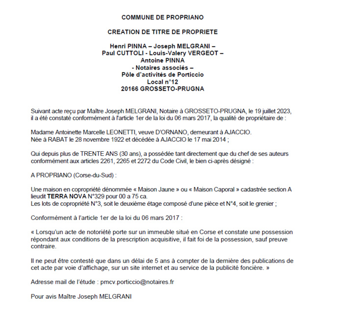 Avis de création de titre de propriété - Commune de Propriano (Pumonti) Avis de création de titre de propriété - Commune de Propriano (Pumonti)