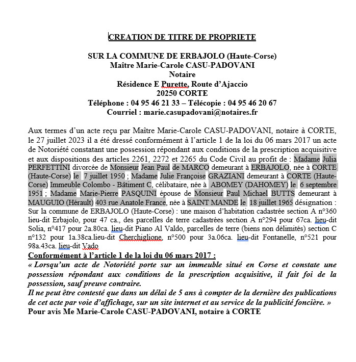 Avis de création de titre de propriété - Commune de Erbajolo (Cismonte)