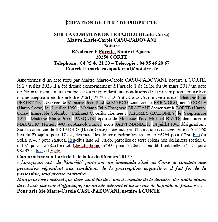 Avis de création de titre de propriété - Commune de Erbajolo (Cismonte) Avis de création de titre de propriété - Commune de Erbajolo (Cismonte)