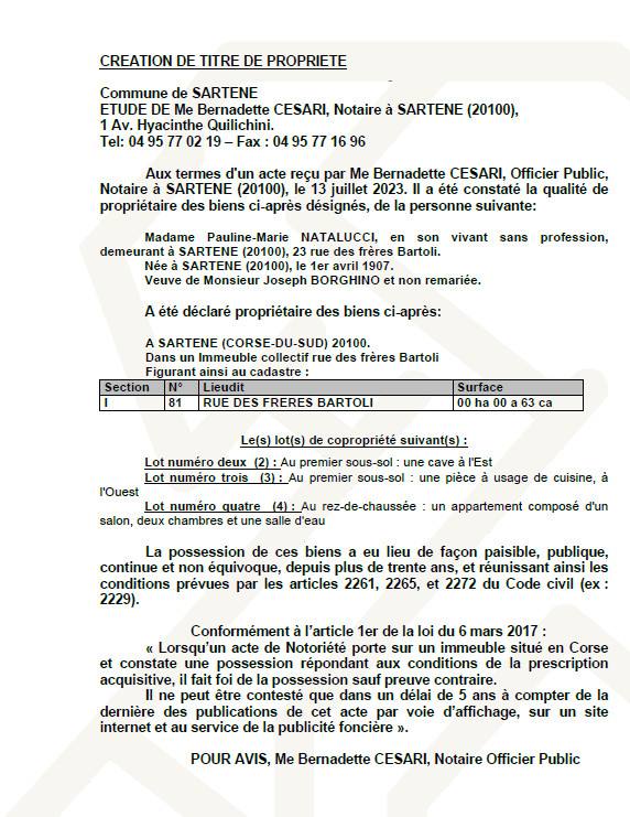 Avis de création de titre de propriété - Commune de Sartè (Pumonti) Avis de création de titre de propriété - Commune de Sartè (Pumonti)