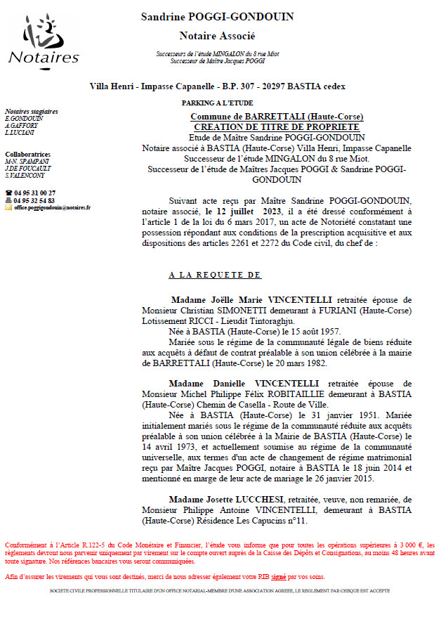 Avis de création de titre de propriété - Commune de Barrettali (Cismonte)