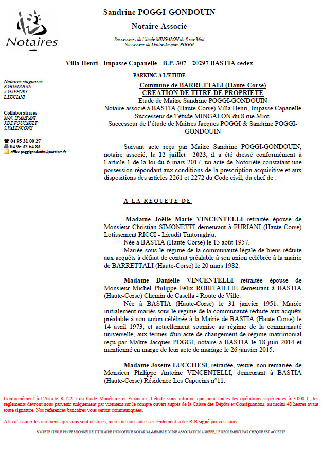 Avis de création de titre de propriété - Commune de Barrettali (Cismonte) Avis de création de titre de propriété - Commune de Barrettali (Cismonte)