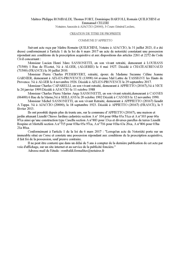 Avis de création de titre de propriété - Commune d'Appiettu (Pumonti)