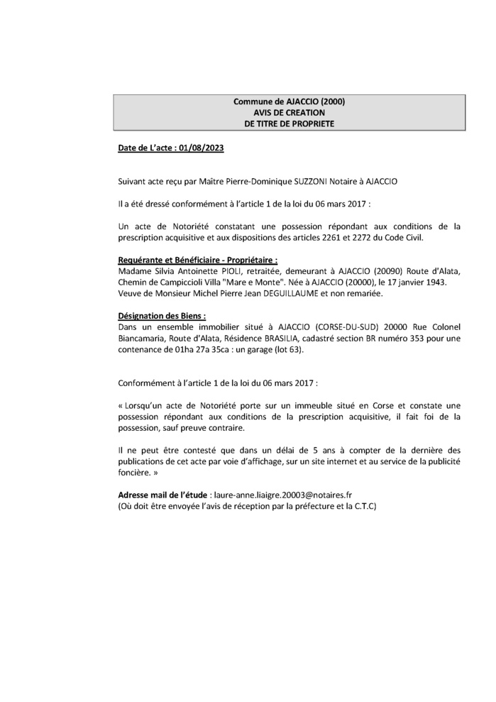 Avis de création de titre de propriété - Commune d'Aiacciu (Pumonti)
