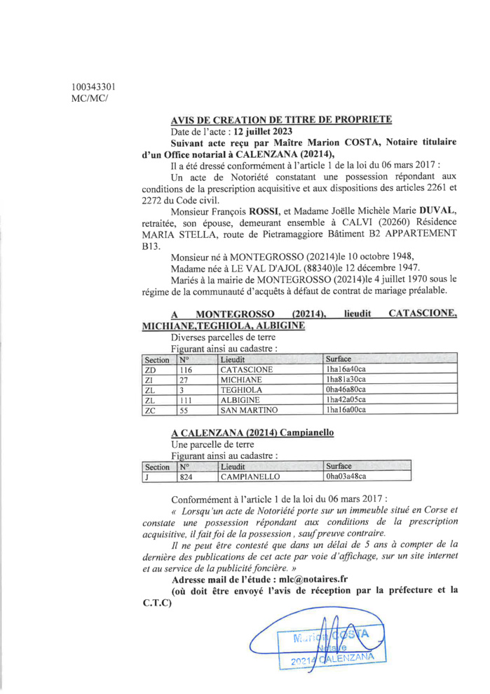 Avis de création de titre de propriété - Commune de Montegrossu (Cismonte)