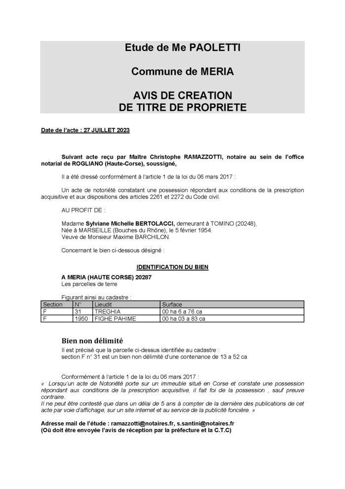 Avis de création de titre de propriété - Commune de Meria (Cismonte)