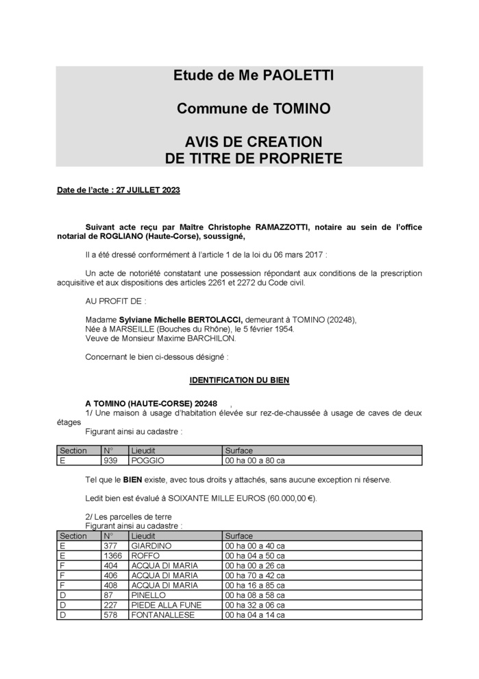 Avis de création de titre de propriété - Commune de Tuminu (Cismonte)
