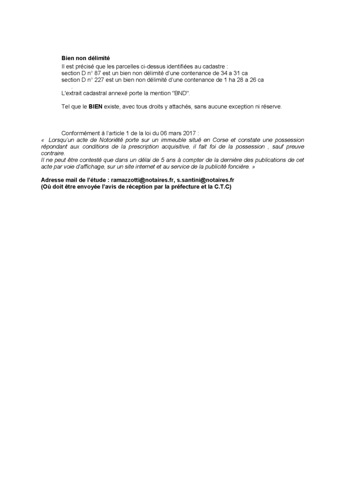 Avis de création de titre de propriété - Commune de Tuminu (Cismonte)