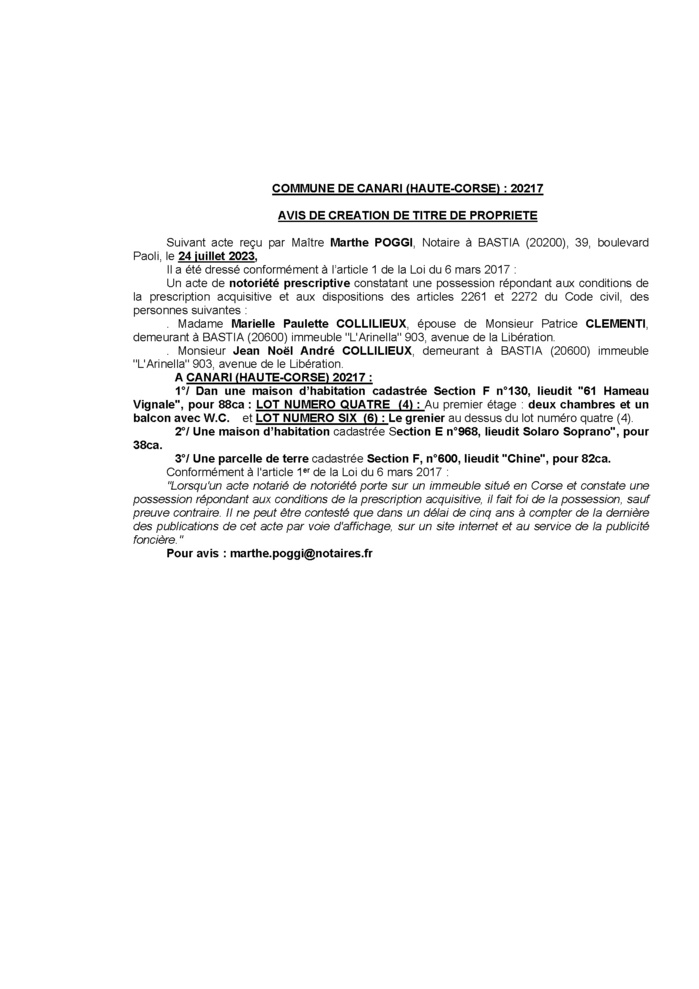 Avis de création de titre de propriété - Commune de Canari (Cismonte)