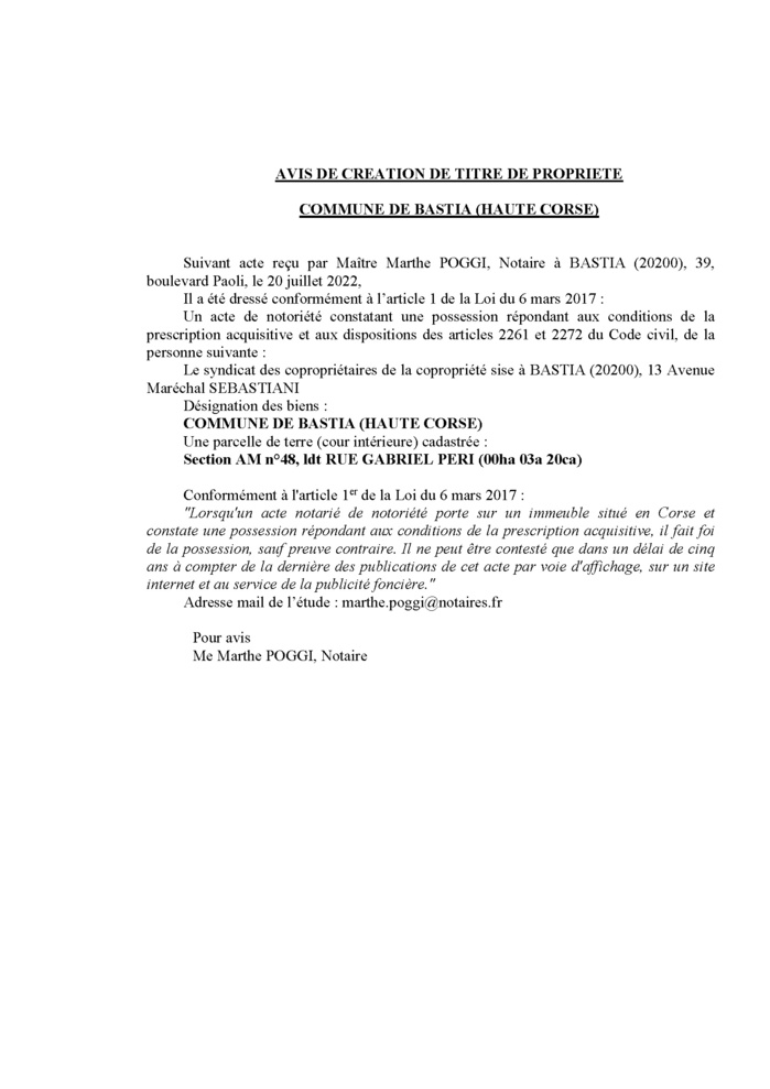 Avis de création de titre de propriété - Commune de Bastia (Cismonte)