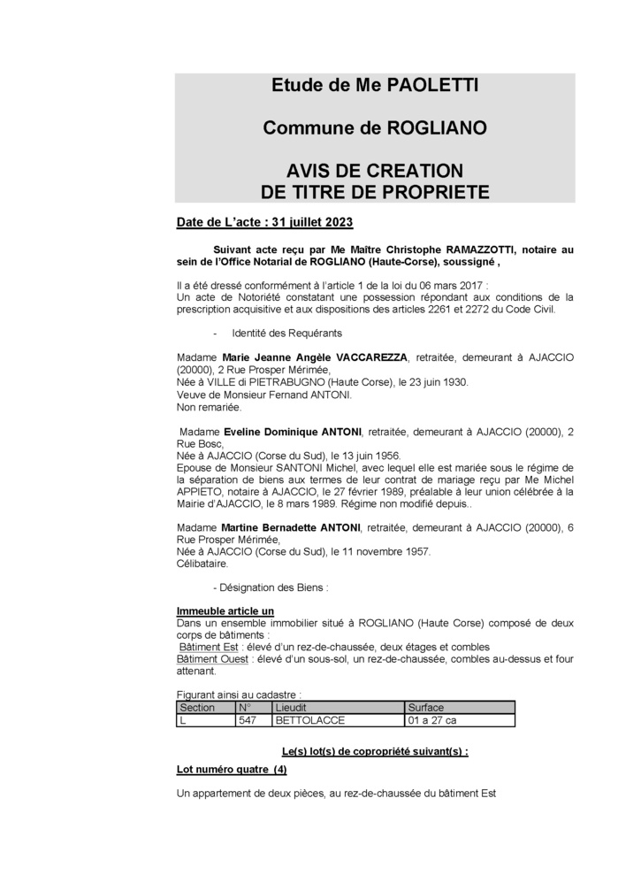 Avis de création de titre de propriété - Commune de Ruglianu (Cismonte)
