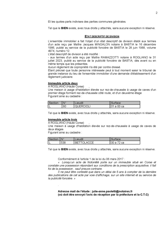 Avis de création de titre de propriété - Commune de Ruglianu (Cismonte)