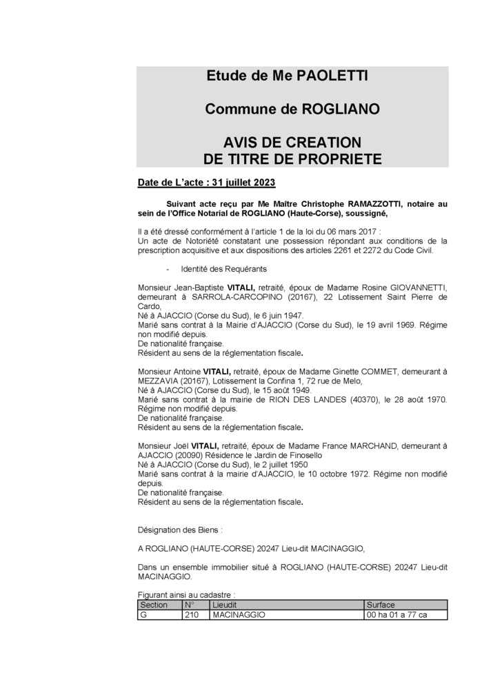 Avis de création de titre de propriété - Commune de Ruglianu (Cismonte)