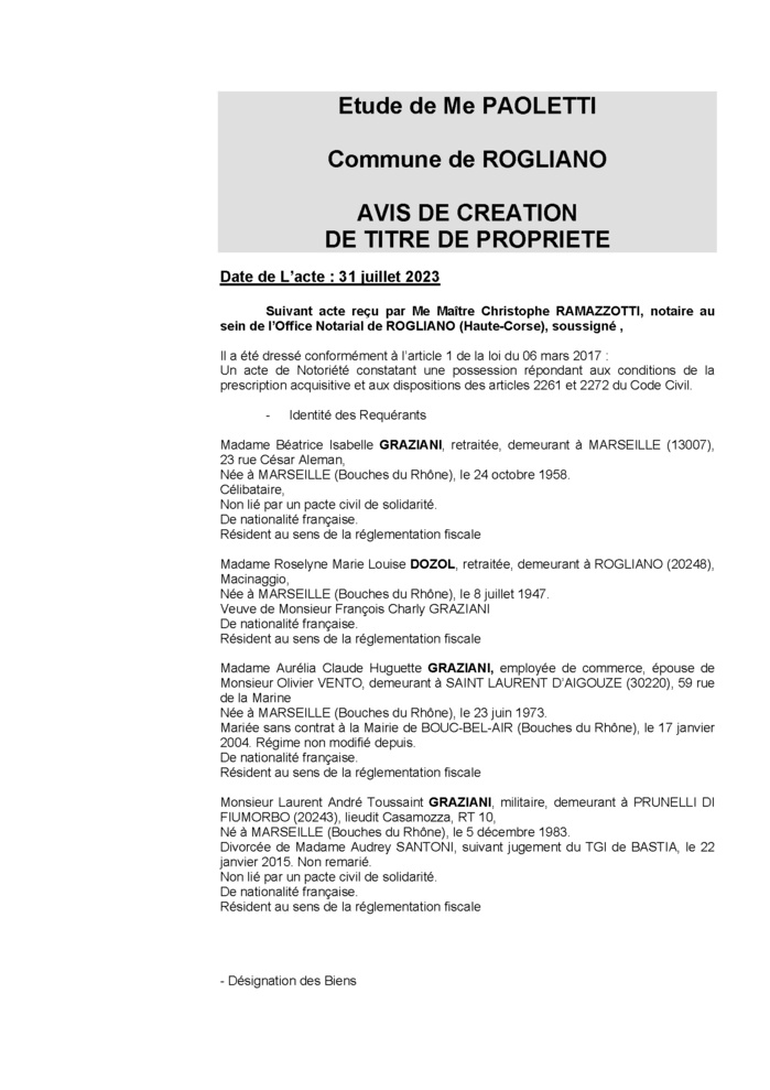 Avis de création de titre de propriété - Commune de Ruglianu (Cismonte)