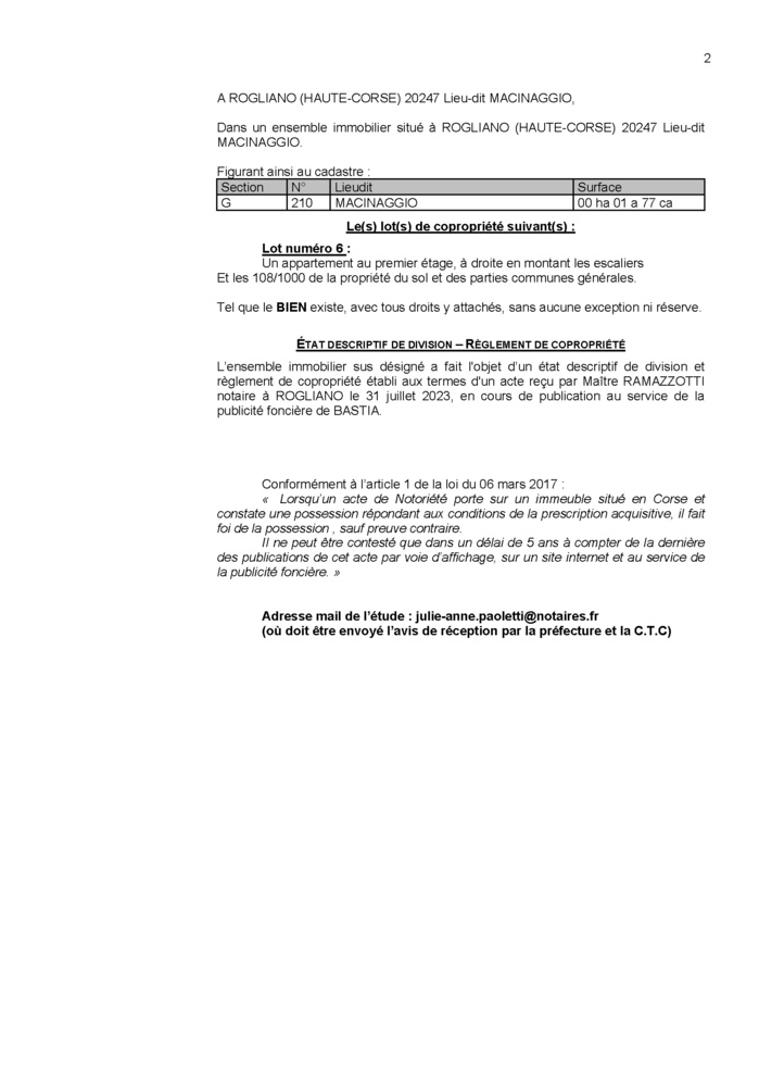 Avis de création de titre de propriété - Commune de Ruglianu (Cismonte)